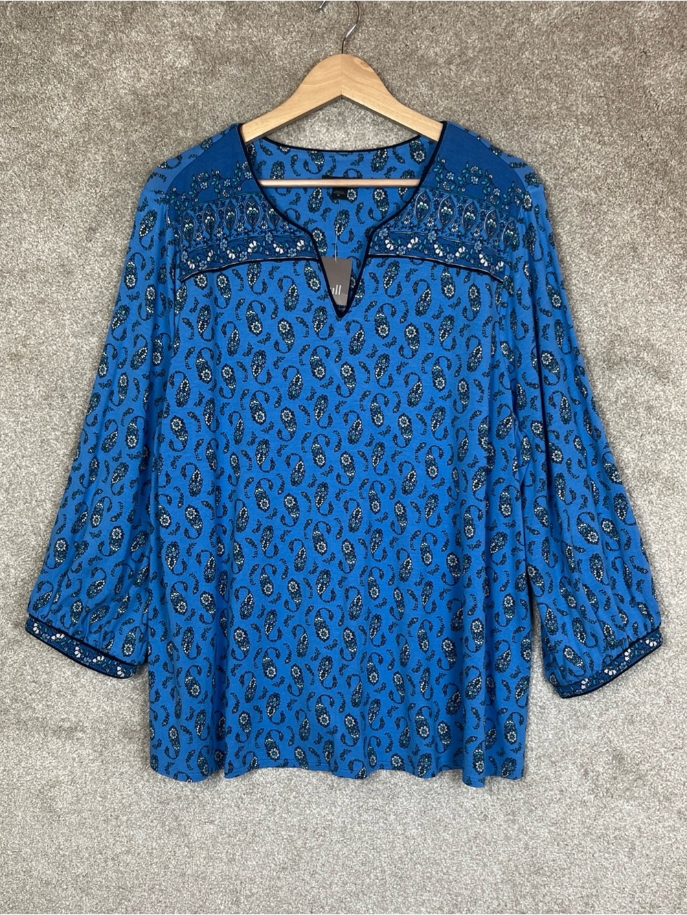 J Jill Wearever Blouse Womens Extra Large Blue Floral Paisley Stretch New- 5225